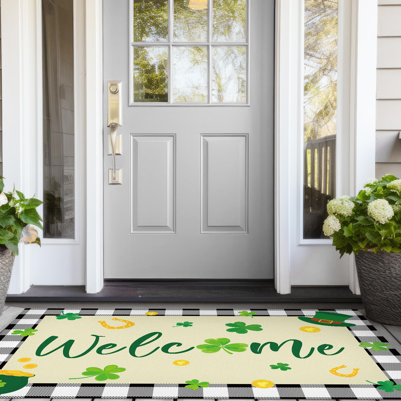 Ceenna St. Patrick's Day Doormat 32" x 48" Lucky Shamrock Front Door Mat Green Irish Clover Welcome Entrance Mat Non Slip Entryway Rug for Outdoor Indoor Kitchen Home Decor