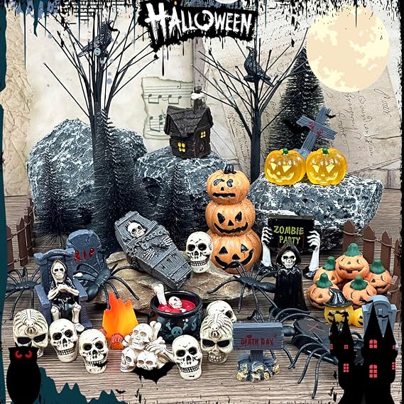 Suartus Halloween Village Accessories Ornaments - 46Pcs Miniature Pumpkin Skeleton Tombstones Spider Pinetrees Figurines Resin Horror Village Mini Halloween Figurines for Hallowmas Town Party Decor