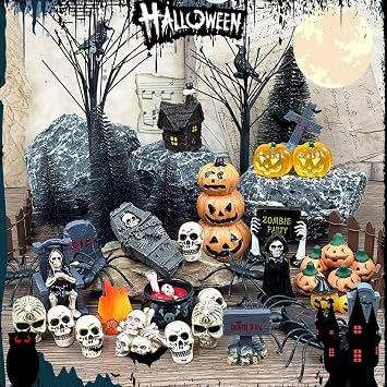 Suartus Halloween Village Accessories Ornaments - 46Pcs Miniature Pumpkin Skeleton Tombstones Spider Pinetrees Figurines Resin Horror Village Mini Halloween Figurines for Hallowmas Town Party Decor