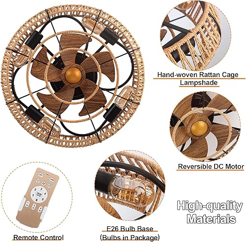 Miniatura 4 de Ventilador de techo bohemio de 19 pulgadas con control remoto, ventilador de techo enjaulado de ratán de granja de 6 velocidades reversible para