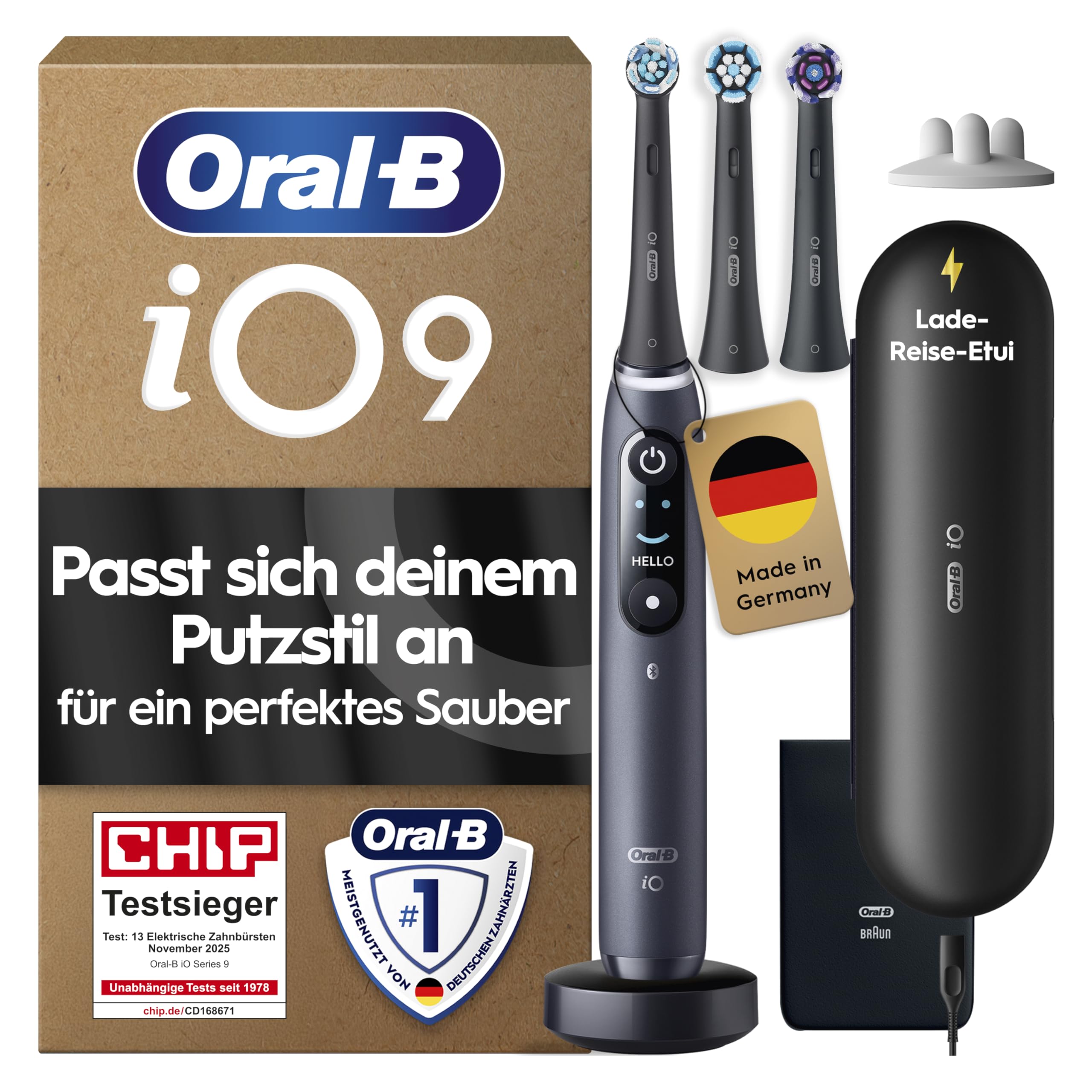 Oral-B iO Series 9 Elektrische Zahnbürste, Schwarz | Inkl. 3 Aufsteckbürsten, Lade-Reise-Etui, CHIP Testsieger (11/25), Electric Toothbrush mit 7 Modi für Zahnpflege