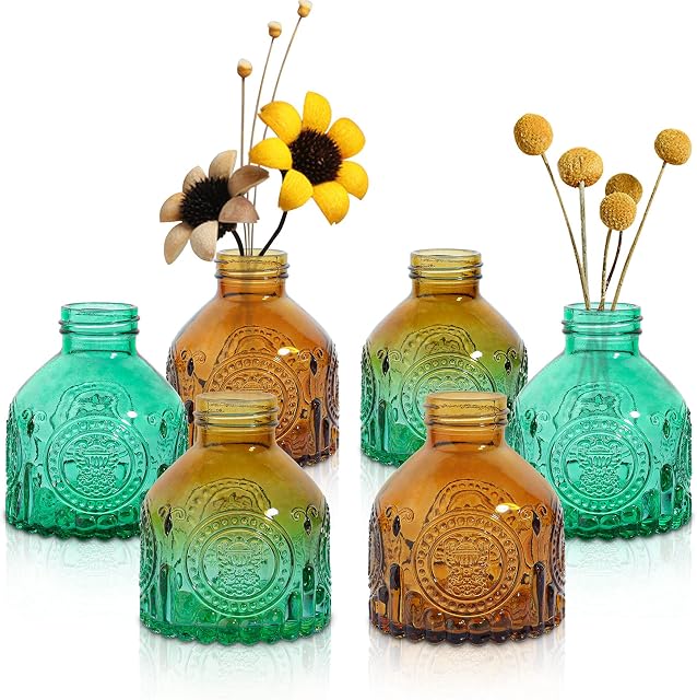 ComSaf Glass Bud Vase Set of 6, Small Vintage Flower Bottle, Crystal Sweet Pea Vase for Floral Arrangements, Table Centrepiece Decoration for Home Wedding Party Event Office, Modern Decor, Brown Green