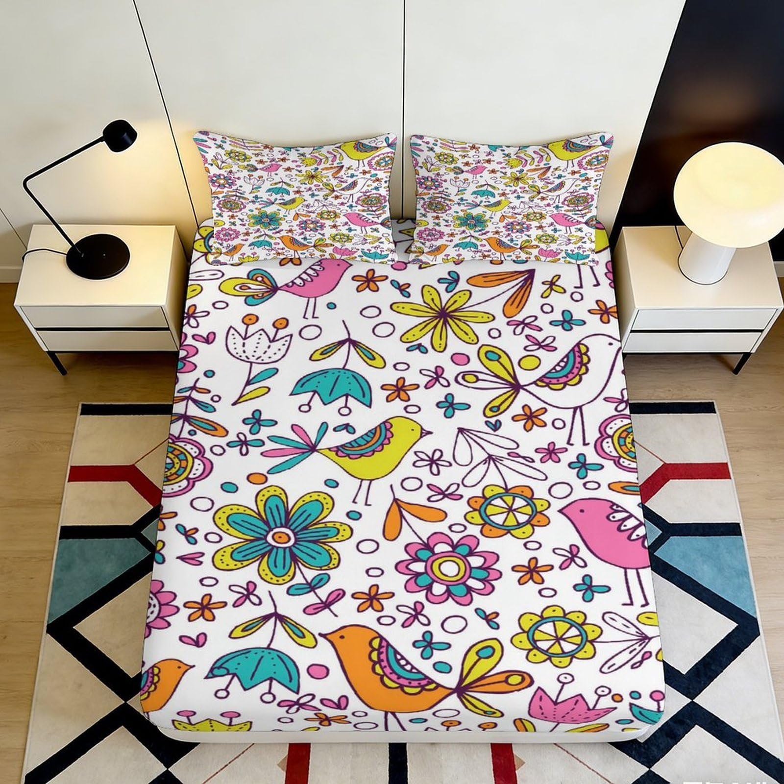 3D Printed Colorful Birds Fitted Sheet Microfiber Floral Mattress Cover for Bedroom Dorm Easy Care Decor 90x200x25cm