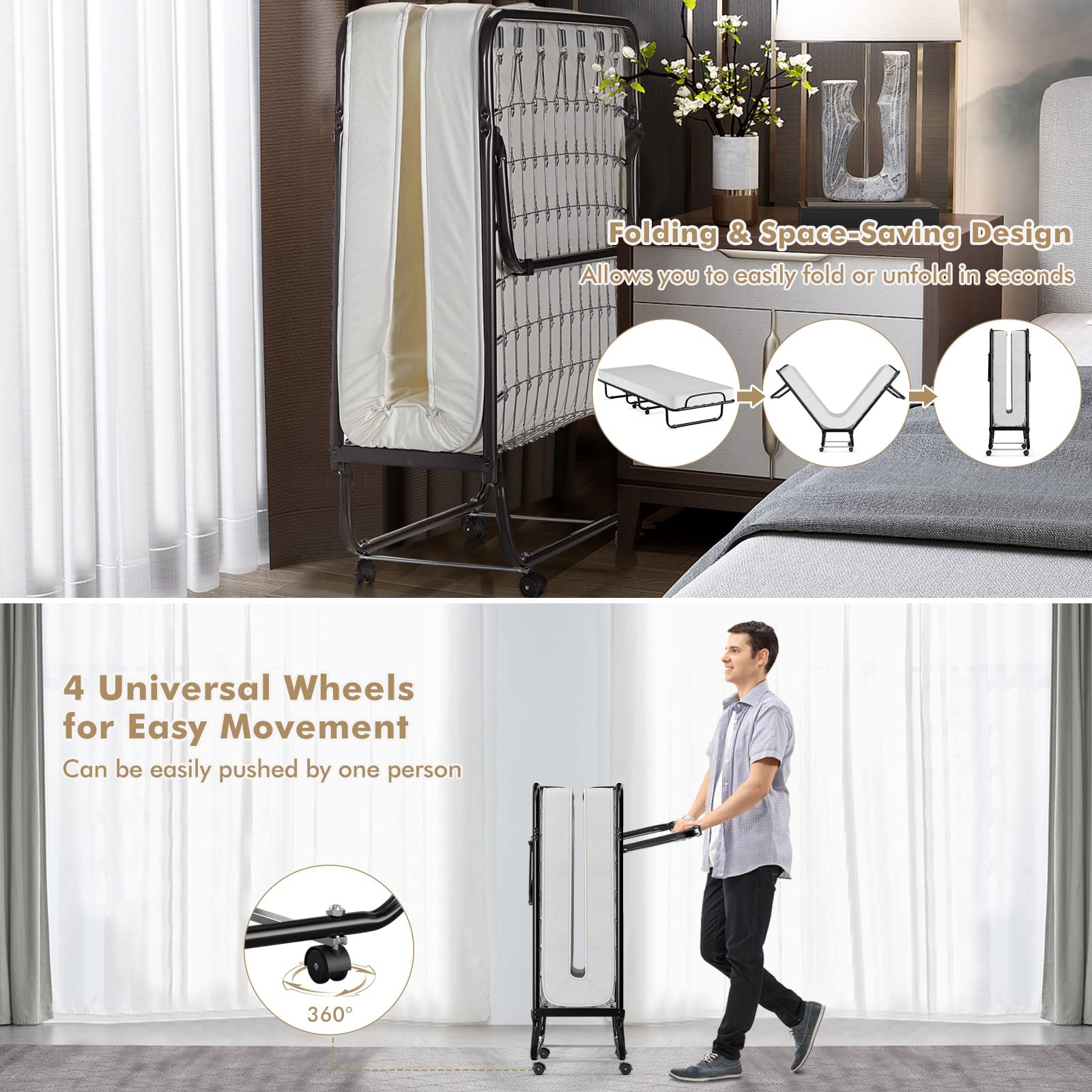 GIANTEX Gästebett klappbar, Klappbett 80x190cm Erwachsene, Einzelbett inkl. Matratze Memory-Foam, Reisebett mit 4 Rollen, klappbares Bett Faltbett Metallbett bis 120 kg belastbar
