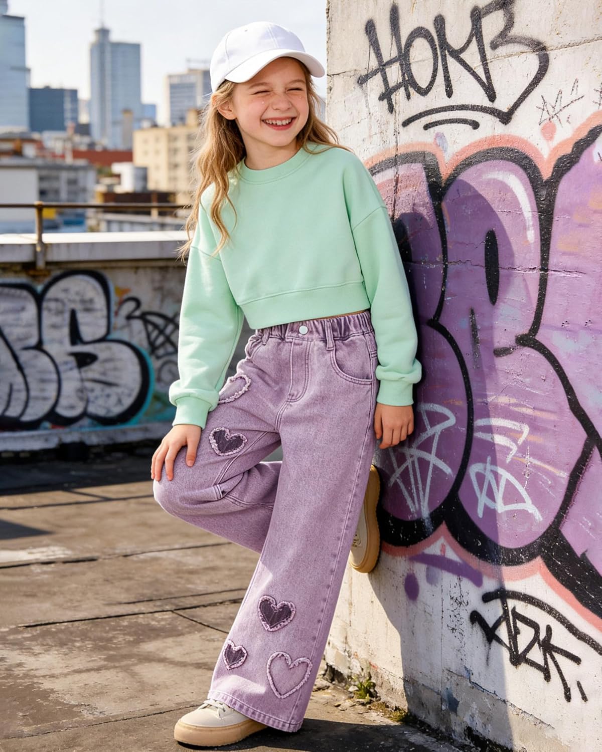 Joe Wenko Girls’ Wide Leg Jeans Elastic Waist Soft Denim Pants Baggy Loose Fit 4-14 Years