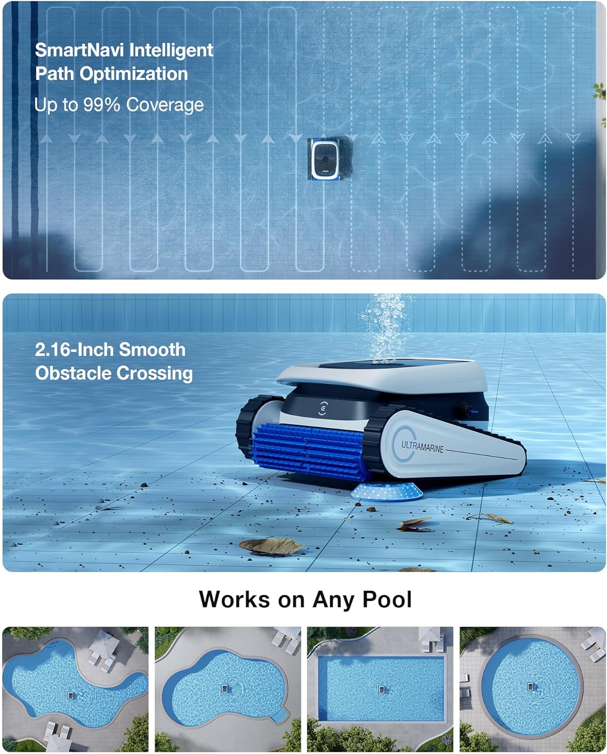 ECOVACS Ultramarine P1 Pool Cleaner Robot, 4800GPH UltraPure Suction, Dual-Layer Filtration, 180 Min Runtime, SmartNavi Navigation, App Control, Cordless Pool Vacuum for Floor & Wall, Up to 1937 sqft