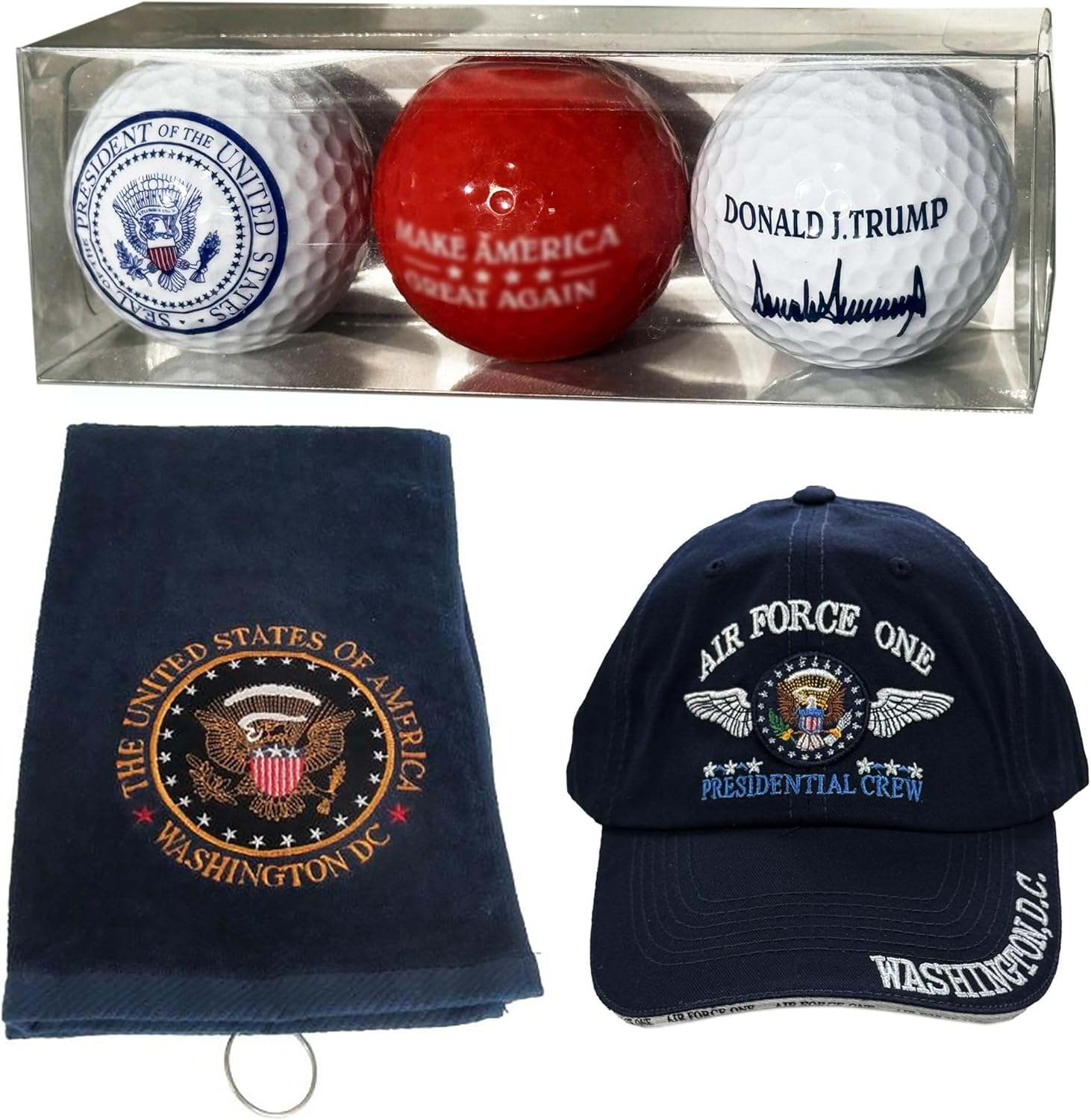 Donald Trump Gift Set – Includes Signature, RED & Presidential Seal Golf Balls, Navy Great Seal Towel & Air Force One Hat – Collector’s Bundle for Golfers & Trump Supporters