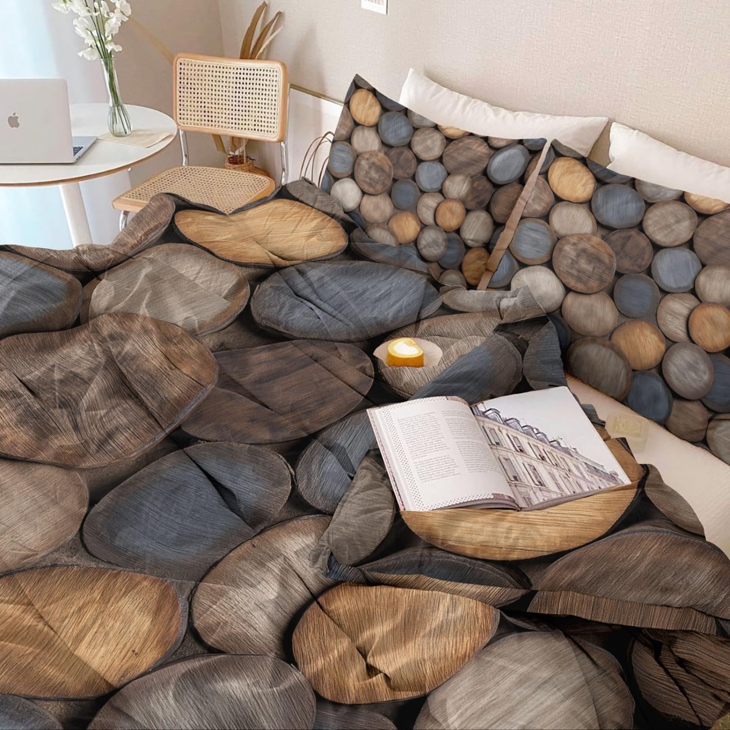 Zestaw pościeli 200 x 200 cm, mikrofibra, miękkie drewniane klocki, tekstura, dwustronny komplet pościeli z zamkiem błyskawicznym i 2 poszewki na poduszkę 80 x 80 cm, brązowy