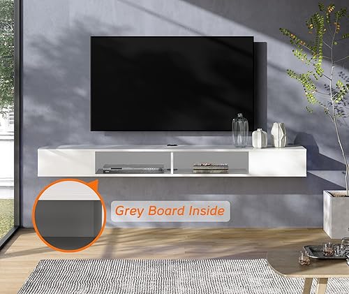 Miniatura 5 de WAMPAT Estante flotante de TV de 70 pulgadas con luz LED azul, soporte de TV flotante blanco montado en la pared con almacenamiento para TV de 75