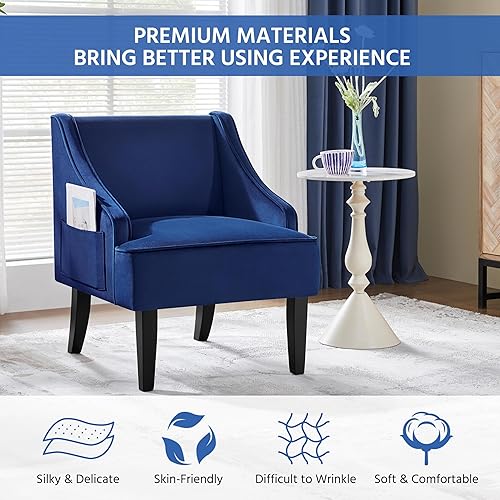 Miniatura 7 de Yaheetech Mid-Century - Silla decorativa de terciopelo con bolsillo, marco de madera, cómoda silla de barril para sala de estar, sala de