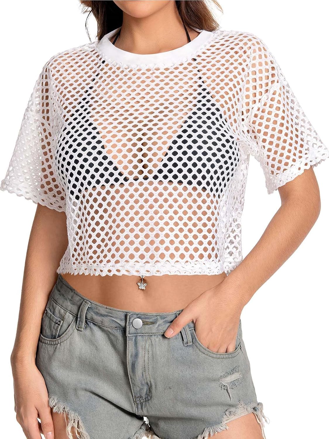 Women's Mesh Top Fishnet T Shirts Sheer Loose Short Sleeve See Through Crop Tops