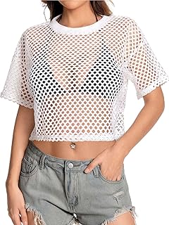 Women's Mesh Top Fishnet T Shirts Sheer Short Sleeve See Through Crop Tops | Loose Crew Neck Tee,80s 90s Rave Outfit,Party Concert,Going Out Cover UP