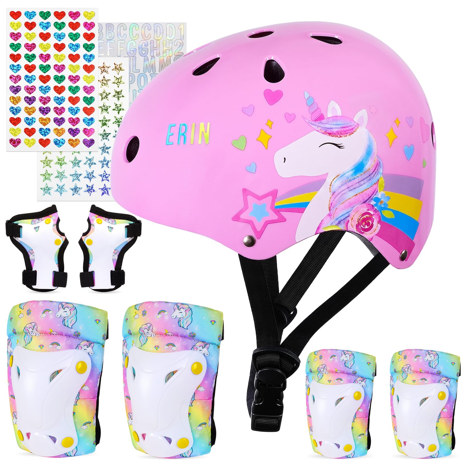 MHJY Kids Helmet and Pads Set with DIY Stickers Girls Bike Helmet Age 3-8 Years Unicorn Knee and Elbow Pads Adjustable Protective Gear for Children Cycle, Skateboard Scooter, Roller Skates