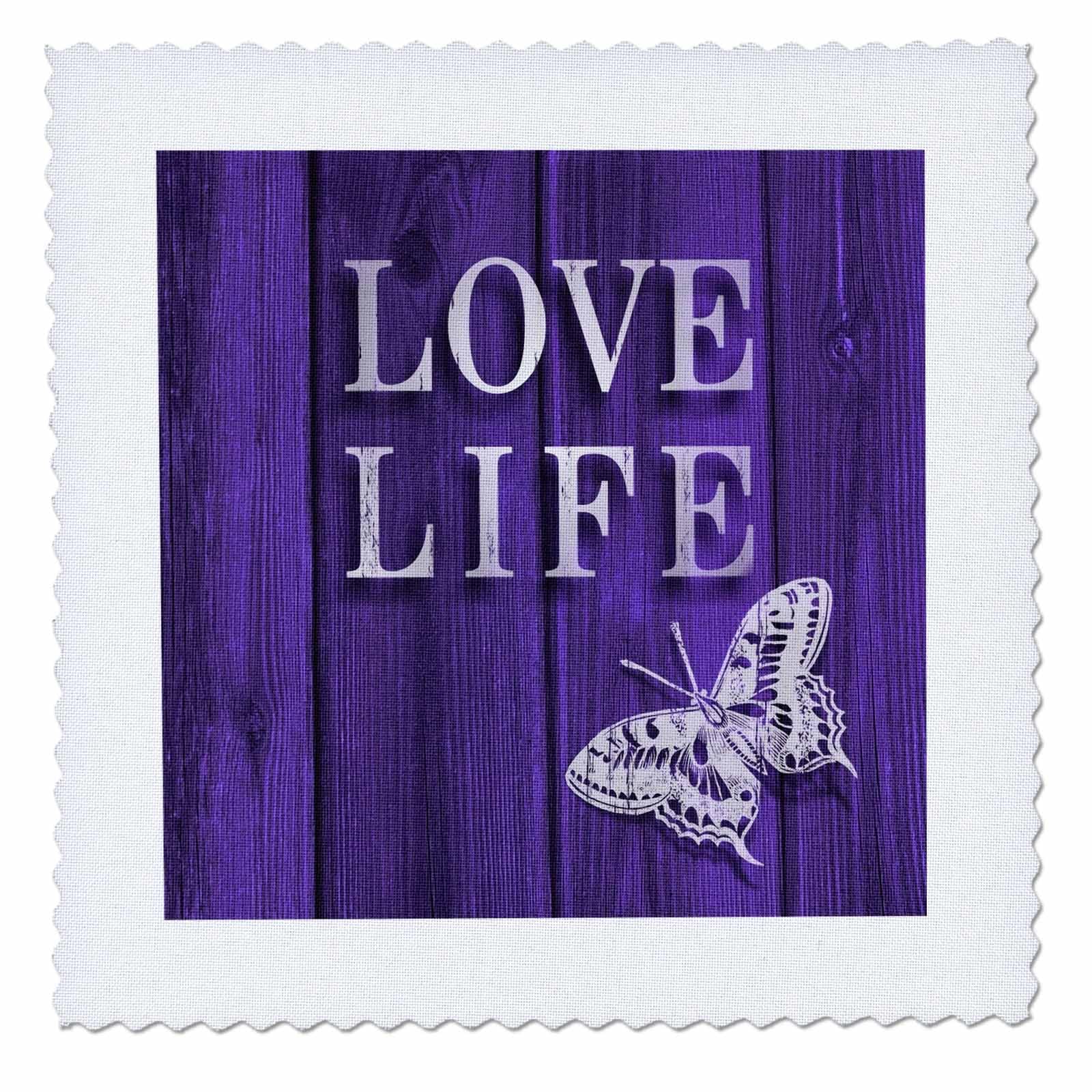 16x16 inch Quilt Square - Typography- Love Life Text and Butterfly Over Purple Stain Wood Effect Designs