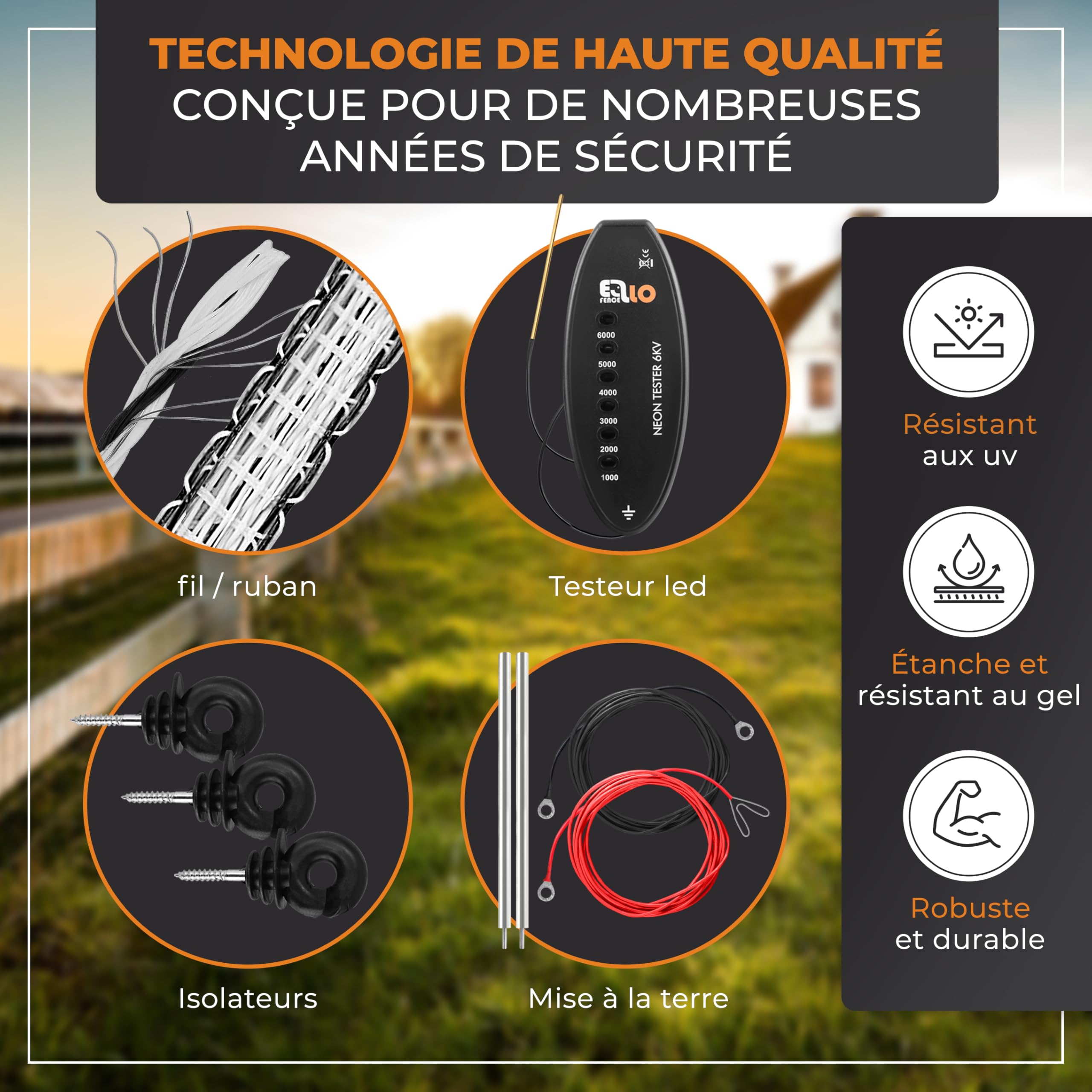 Kit Complet clôture électrique avec 200 m de Ruban - Set Complet avec Appareil Secteur, Mise à la Terre, piquets, testeur LED & isolateurs à Anneau - Idéal pour Chevaux & Animaux sensibles
