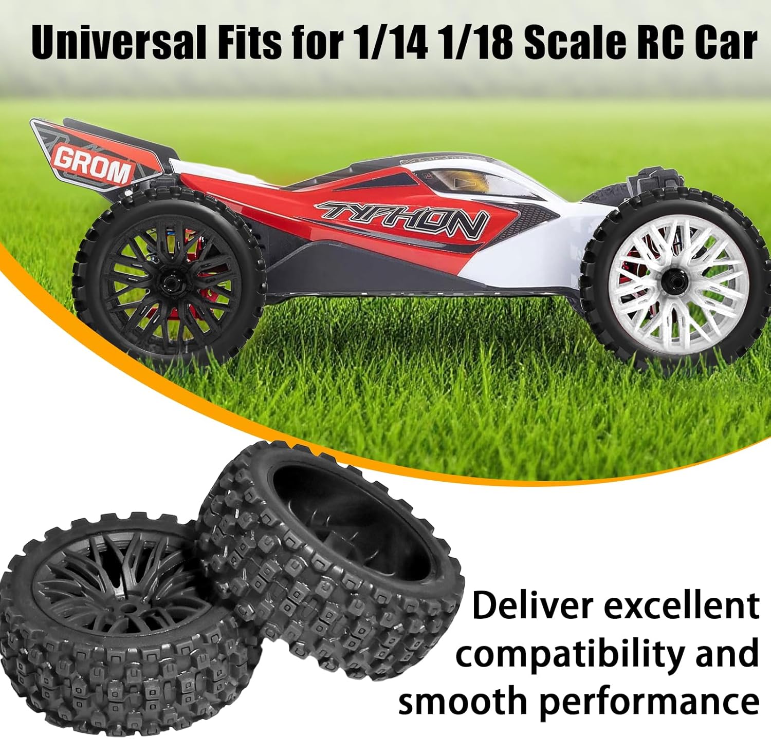 4PCS Pre-Glued RC Crawler Car Rubber Tires and Plastic Wheels Set, 70mm*26mm Tires and Rims with 12mm Hex Fits for ARRMA 1/14 1/16 1/18 Granite/Typhon Grom RC On/Off Road Crawler Truck Car (Black)