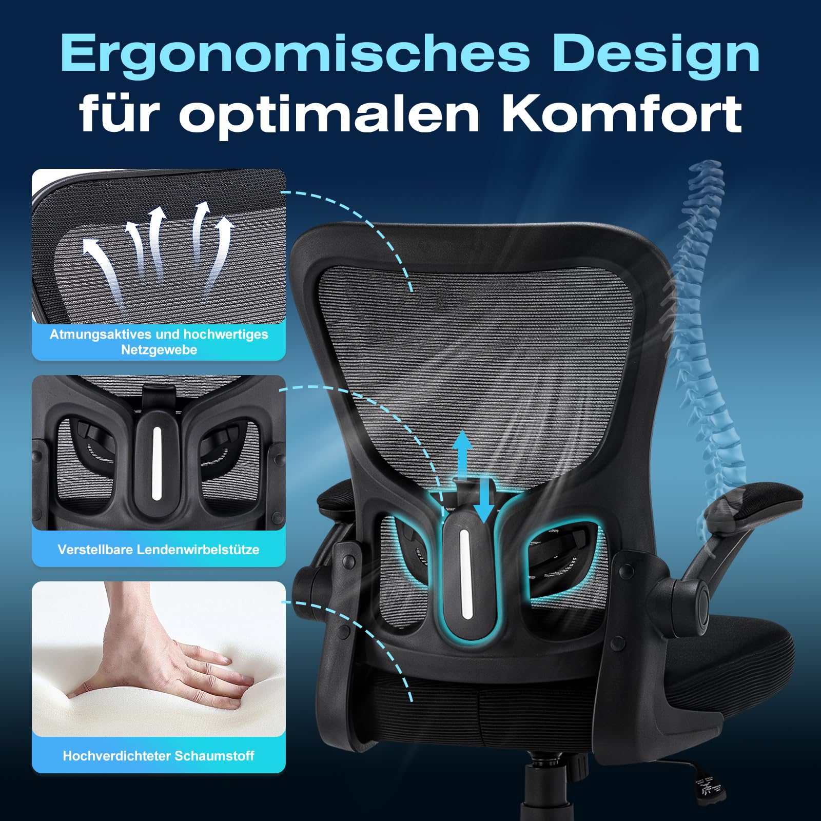 Hellove Home Office Schreibtischstuhl, Ergonomischer Computer-Mesh-Arbeitsstuhl mit mittelhoher Rückenlehne, höhenverstellbarem, bequemem Sitz, Drehstuhl mit hochklappbaren Armlehnen