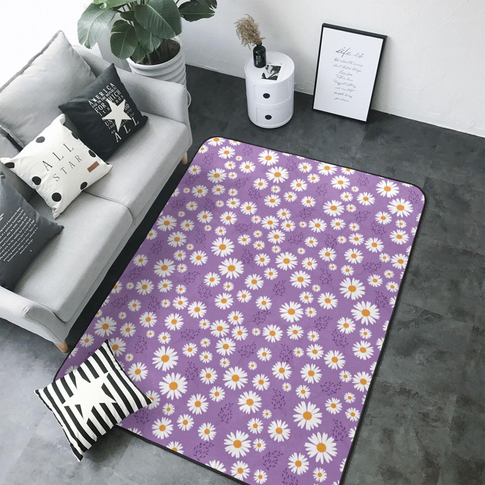 Tapis de salon lavable et antidérapant motif marguerites violettes 147x203 cm