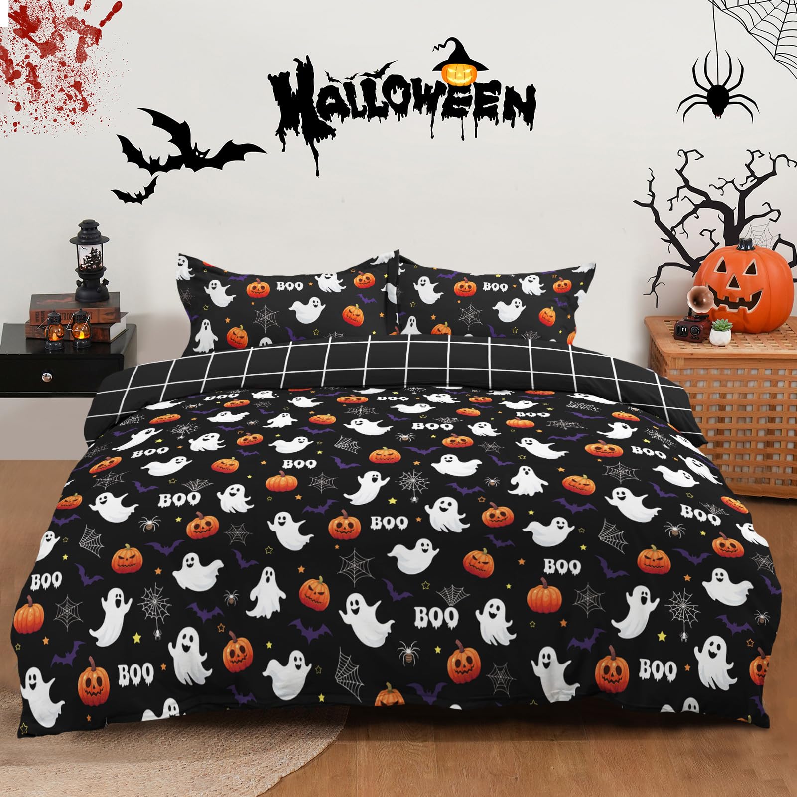 Fondream Halloween Single Duvet Cover Set 2 Pieces with Skull Pumpkin