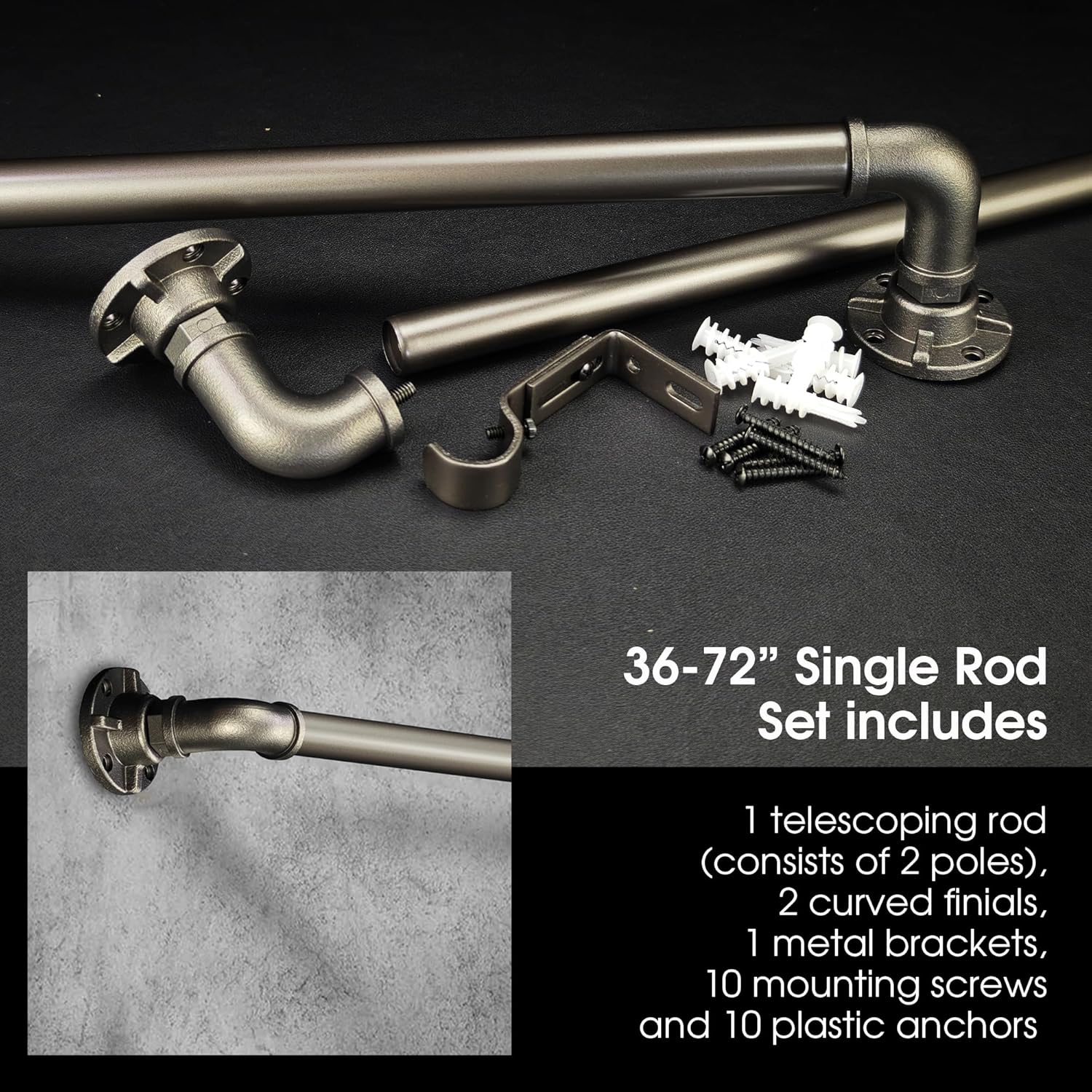 Vintage Industrial Window Curtain Rod, 1-Inch Diameter, Adjustable 36 to 72 Inches, Aged Silver Finish