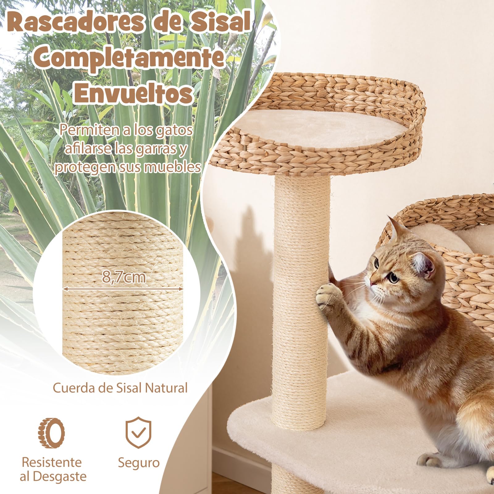COSTWAY 104 cm Árbol Rascador para Gatos de Interior con Posaderos, Cama, Cesta Hechas a Mano, Juguete Colgando y Cuerda, Palos Rascadores de Sisal, Torre Rascador para Gatos, Casitillo Gato (Beige)