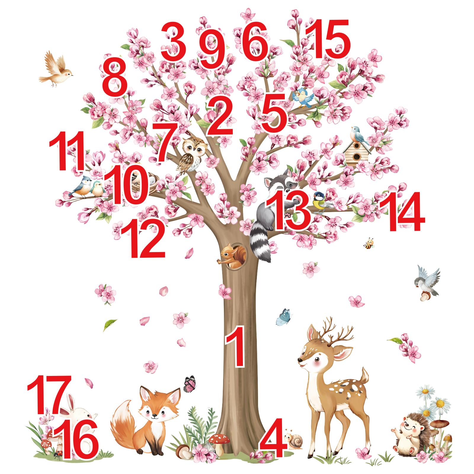 decalmile Wandsticker Kirschblüte Rosa Baum Groß Wandtattoo Waldtiere Hirsche Fuchs Hase Wandaufkleber Kinderzimmer Babyzimmer Schlafzimmer Wanddeko