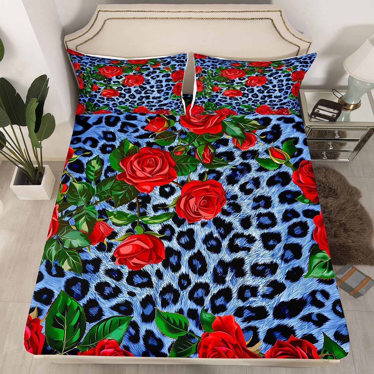 Erosebridal Navy Leopard Print Bed Sheets Red Blue Black Fitted Sheet Queen Size, African Animal Fur Sheets Chic Floral Bedding, Wild Cheetah Print Bed Cover for All Seasons (Deep Pocket)