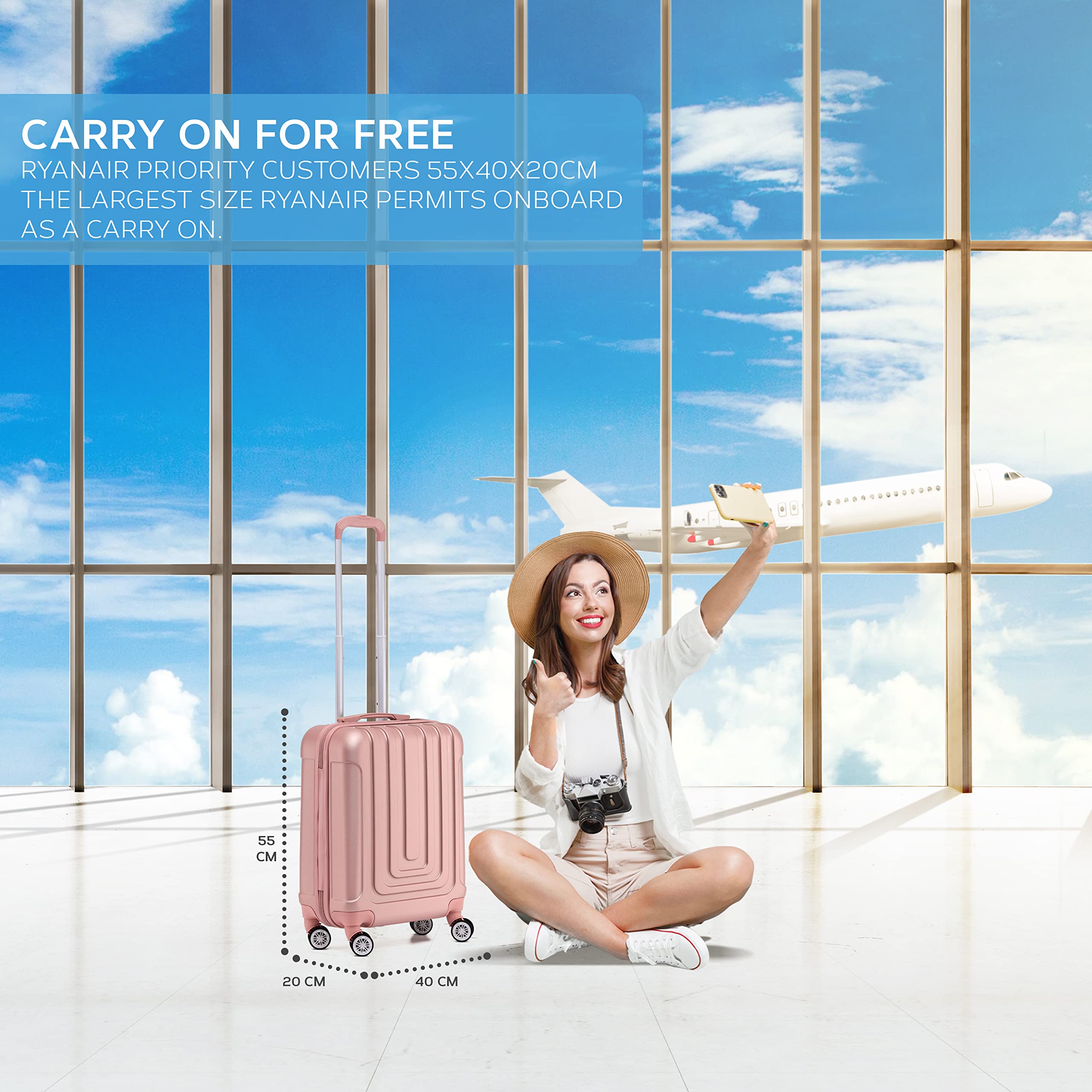 Flight Knight Premium Set of 2 Lightweight Cabin Suitcase - 8 Spinner Wheels - Built-in TSA Lock & USB Port - Luggage Approved for Over 100 Airlines Including Ryanair Priority - 55x40x20cm