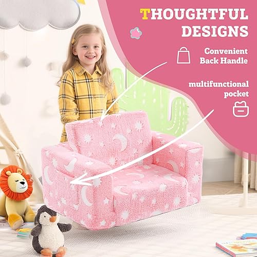 Miniatura 7 de Welnow Sofá 2 en 1 para niños, silla convertible que brilla en la oscuridad, sofá de Chirldren plegable, con bolsillos laterales y funda extraíble,