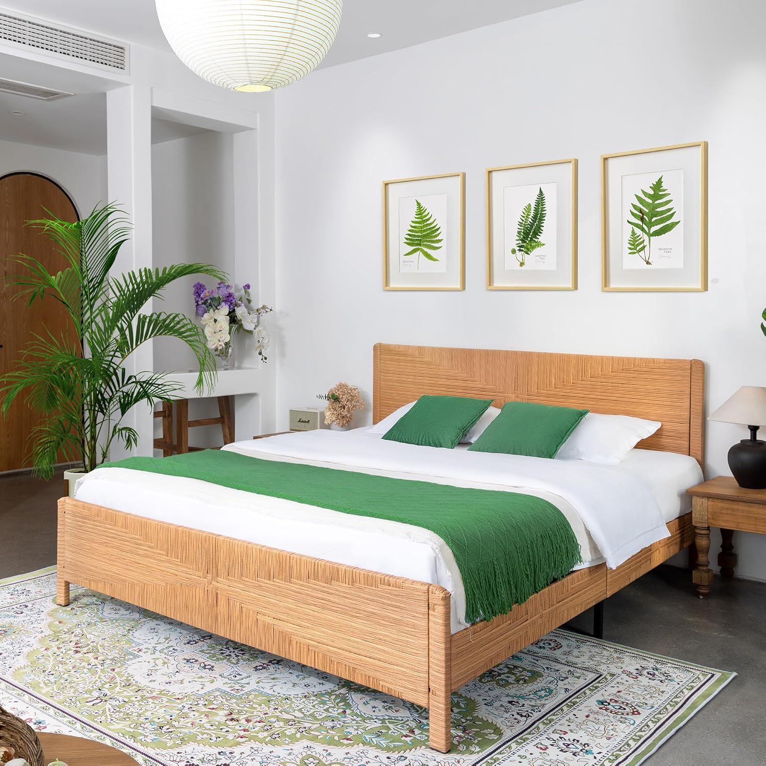 Yechen Hand-Woven PE Rattan King Bed Frame with Headboard and Footboard, Boho Mid Century Modern Bedframe with Vintage Pattern, Wicker Bed with Metal Frame and Slats, No Box Spring Needed, 1000lbs