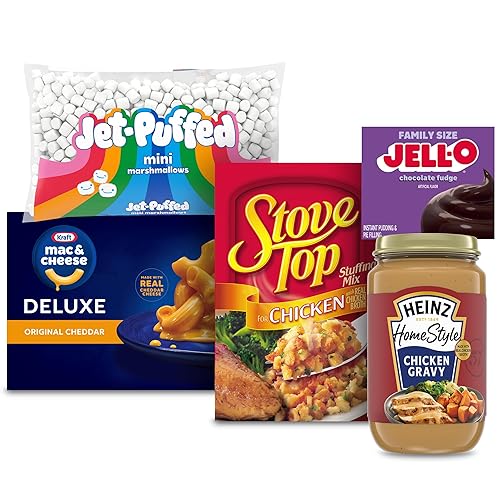 Paquete de lujo Holiday Comfort Feast con Kraft Deluxe Mac & Cheese, Jell-O, Mini malvaviscos inflados a chorro, relleno de pavo superior de estufa