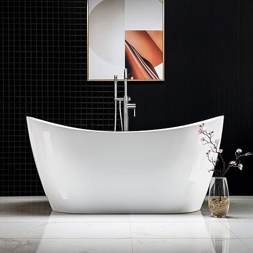 Miniatura 3 de WOODBRIDGE Bañera de acrílico independiente de 59 pulgadas, bañera blanca de remojo contemporáneo con desbordamiento y drenaje cromados,