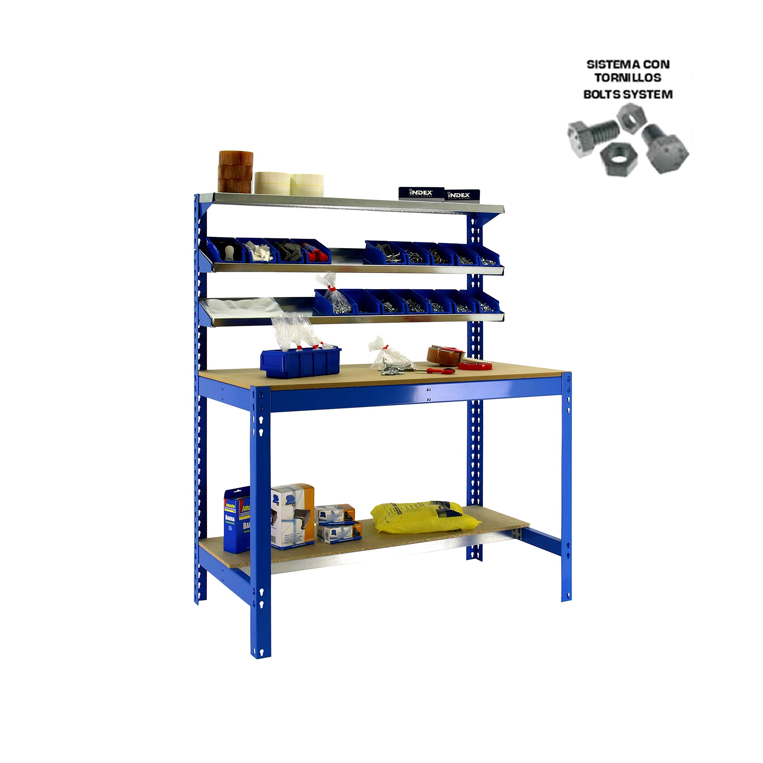Simon Rack Banco de Trabajo con 3 repisas 910x610 mm - BT1 | Capacidad Carga 400 kg, Pintura anticorrosión, Azul , Montaje sistema clic