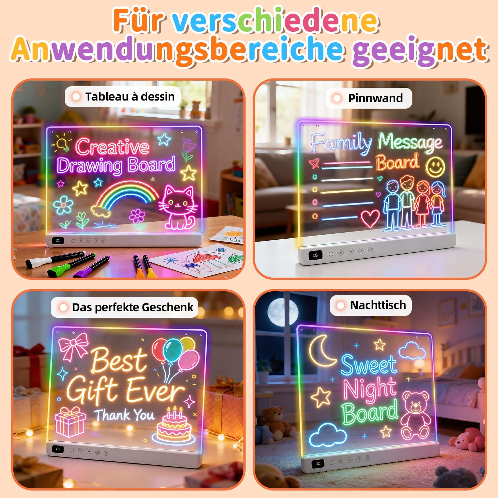 LED Zeichenbrett Kinder, Wiederaufladbare Leuchttafel mit 13 Lichtmodi, Kreatives Lernspielzeug für Mädchen Jungen 4-8 Jahre, 35 x 25 cm LED Maltafel mit Klappständer & Neon Stiften