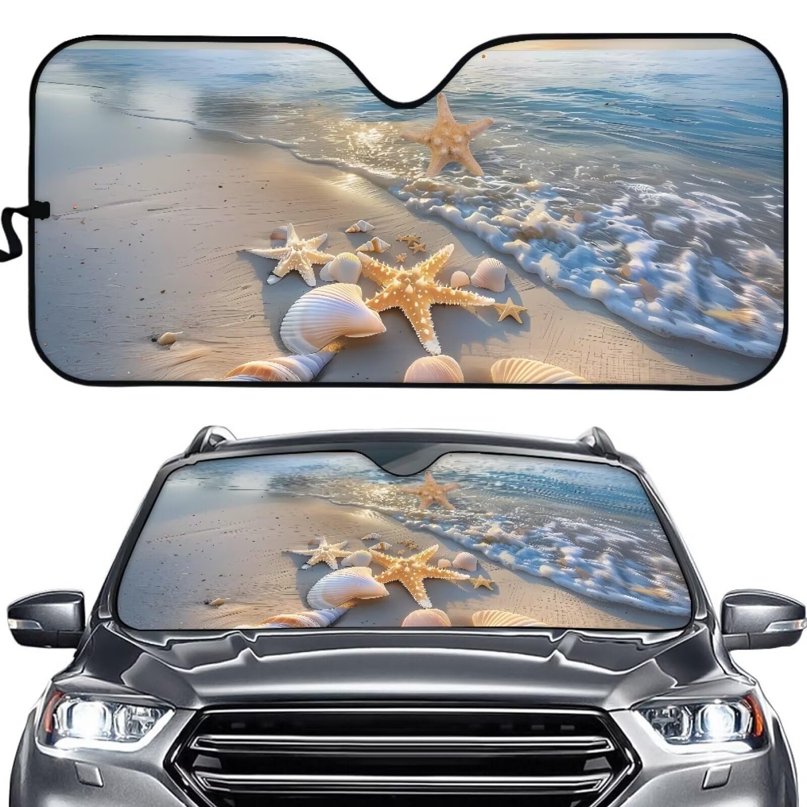 Shell Starfish Print Universal Car Windshield Sun Protector Foldable & Lightweight Easy Storage Automotive Accessories