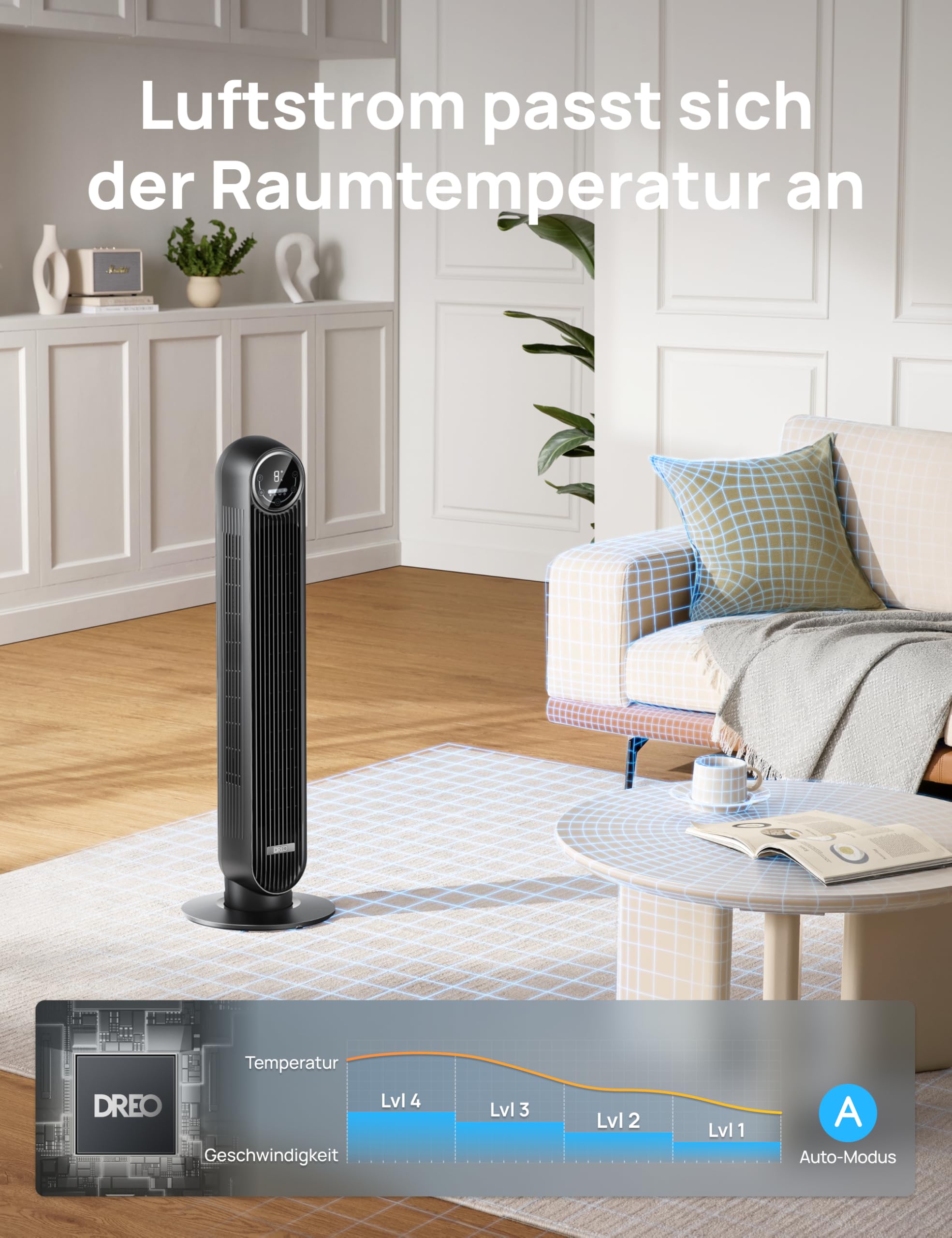 DREO Turmventilator 10 m Wurfweite 4 Geschwindigkeitsstufen 8 Std. Timer 90° oszillierend Fernbedienung Schwarz