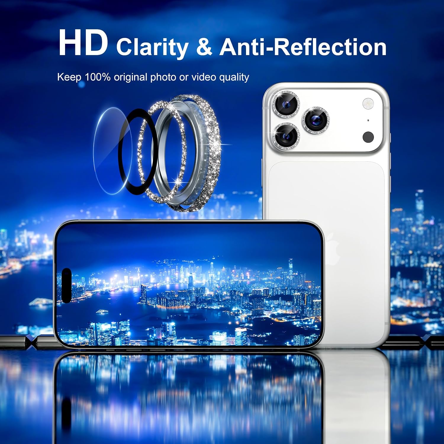 Misea Camera Lens Protector for iPhone 17 Pro Max/17 Pro/16 Pro Max/16Pro/15 ProMax/15Pro/14Pro Max/14Pro, Upgraded Glitter Look, 9H Tempered Glass Individual Bling Camera Cover, Silver Glitter