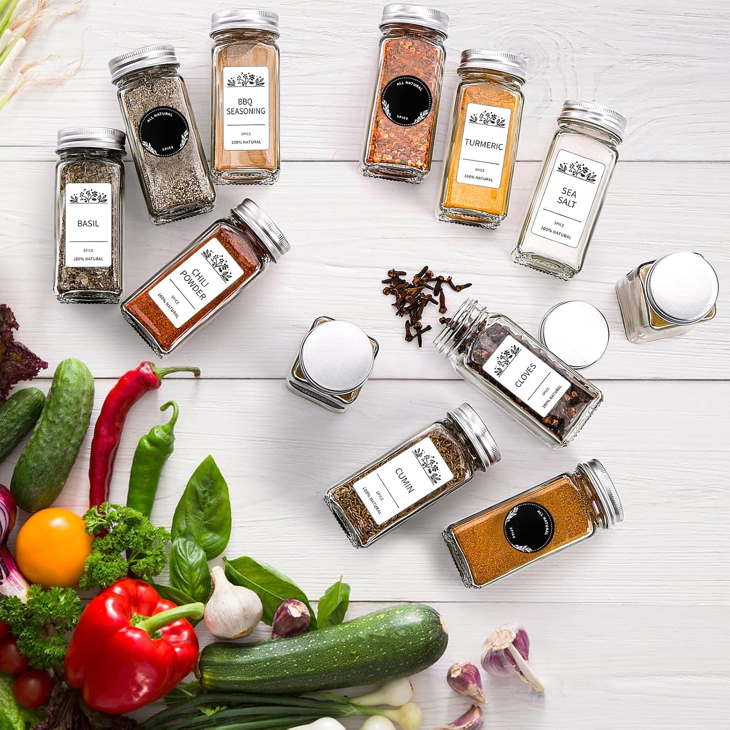 Tebery 4 Ounce Capacity Glass Spice Jars with Silver Metal Lids, Shaker Tops and Labels (Set of 18)