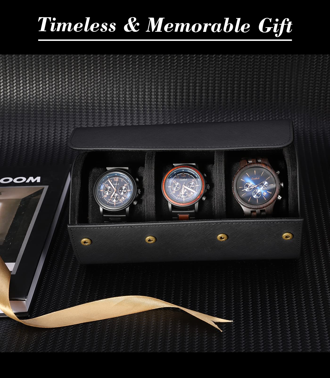 Emibele Boîte de Rangement pour Montres, Étui de Montre de Voyage Portable en Cuir PU à 3 Fentes, Sac à Transporter pour Bracelet à Montre avec Coussins Amovibles et Séparateurs Solides - Noir