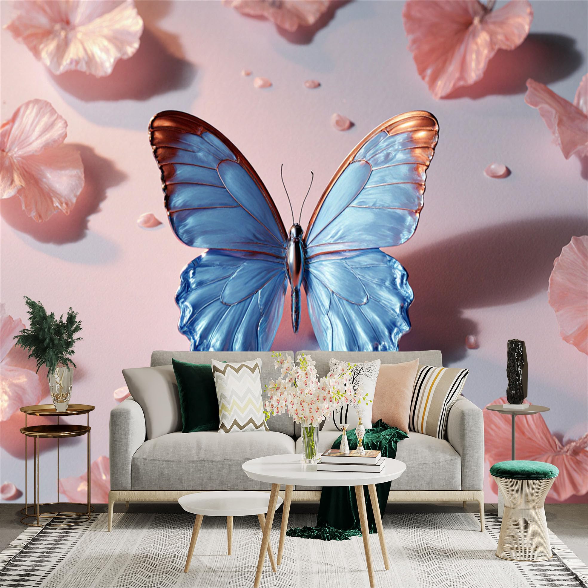 Custom Size Wall Sticker Mural， Blue Metallic Butterfly， Elegant Petals， Soft Pastel Background， Sophisticated Art， for wall Decoration， peelandstick wall Decals.