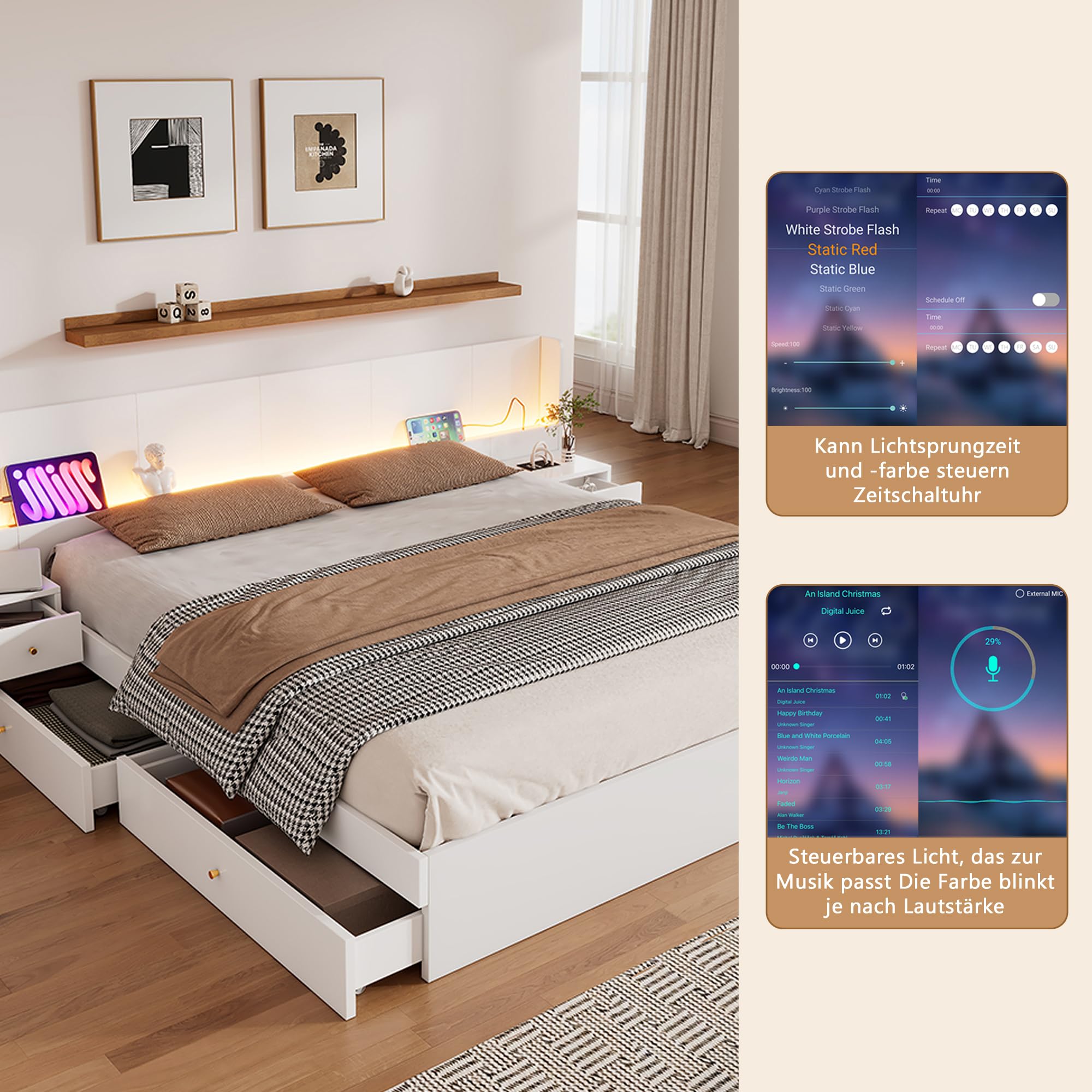 Letto 180x200 con contenitore, letto in legno con contenitore con 2 cassetti, testiera con comodino, LE/D e US/B, letto matrimoniale moderno con rete a doghe, bianco