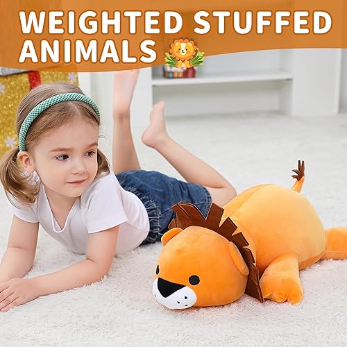 Miniatura 6 de Animales de peluche con peso, león con peso de 24 pulgadas, almohada suave de 4.2 libras, lindo regalo de peluche gigante para niños y adultos (león)