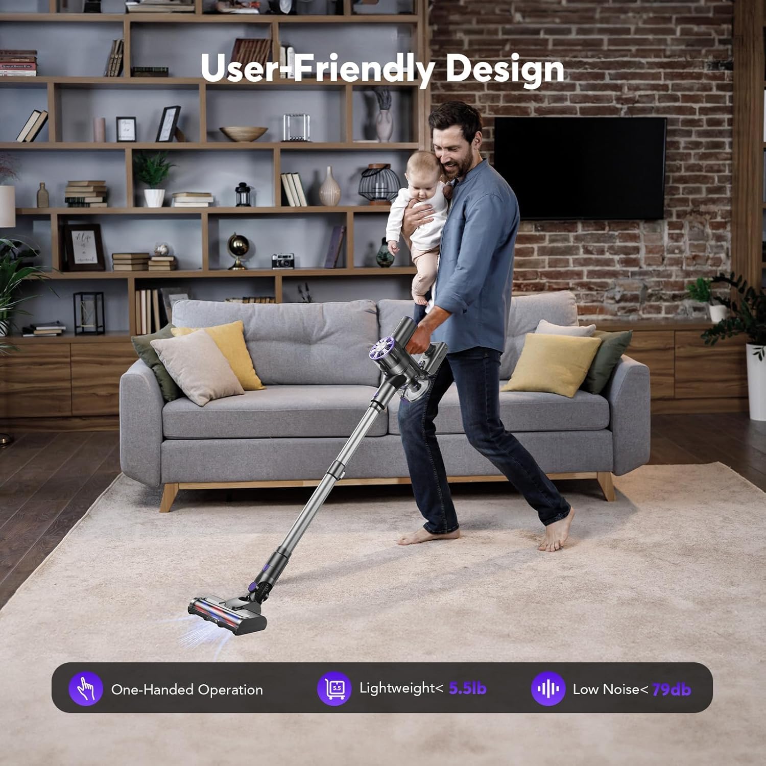 Cordless Vacuum Cleaner Rechargeable with 2600mAh Detachable Battery, Powerful Vacuums with 2 Adjustable Modes, Lightweight Portable Stick Vacuum for Home (Indigo Purple)