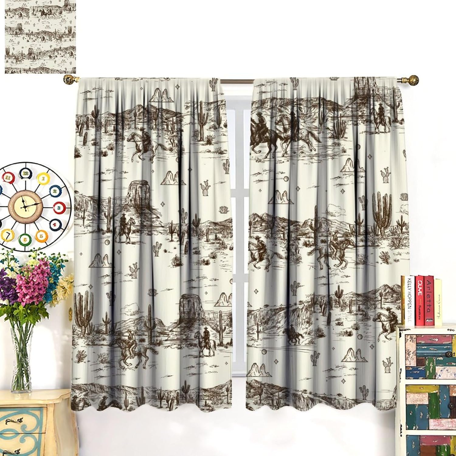 Vintage American Wilderness Western Cowboy Blackout Curtains for Bedroom,Sketch Style Western Cowboy Cacti Room Darkening Window Curtains with Rod Pocket - 2 Panels 63" L x 31.5" W