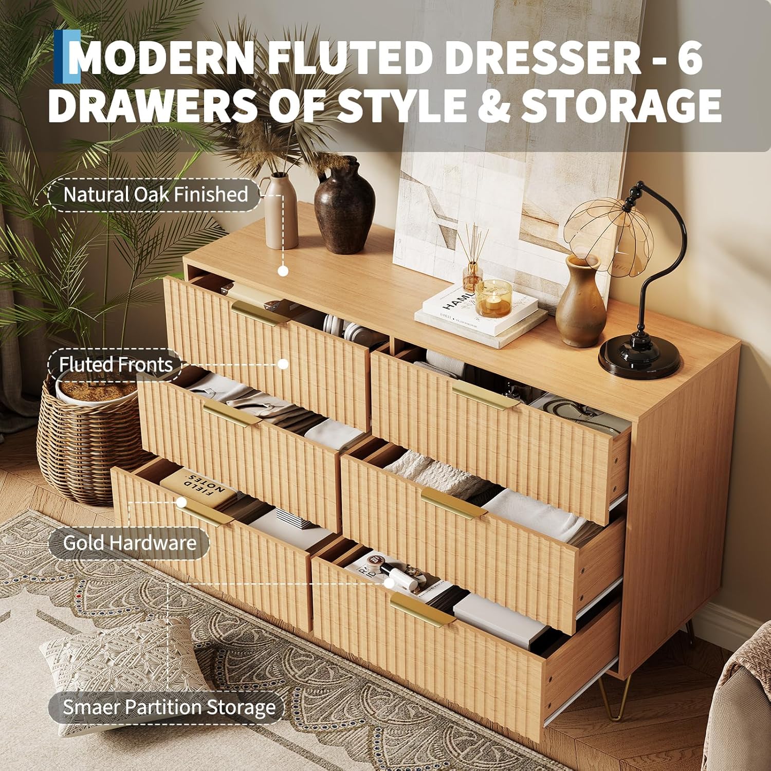 Fluted Dresser for Bedroom, 47" Wide 6 Drawer Wooden Chest of Drawers with Metal Handle, Modern Clothes Storage Organizer, Multi-Purpose Closet Dresser & TV Stand for Living Room Hallway,Natural