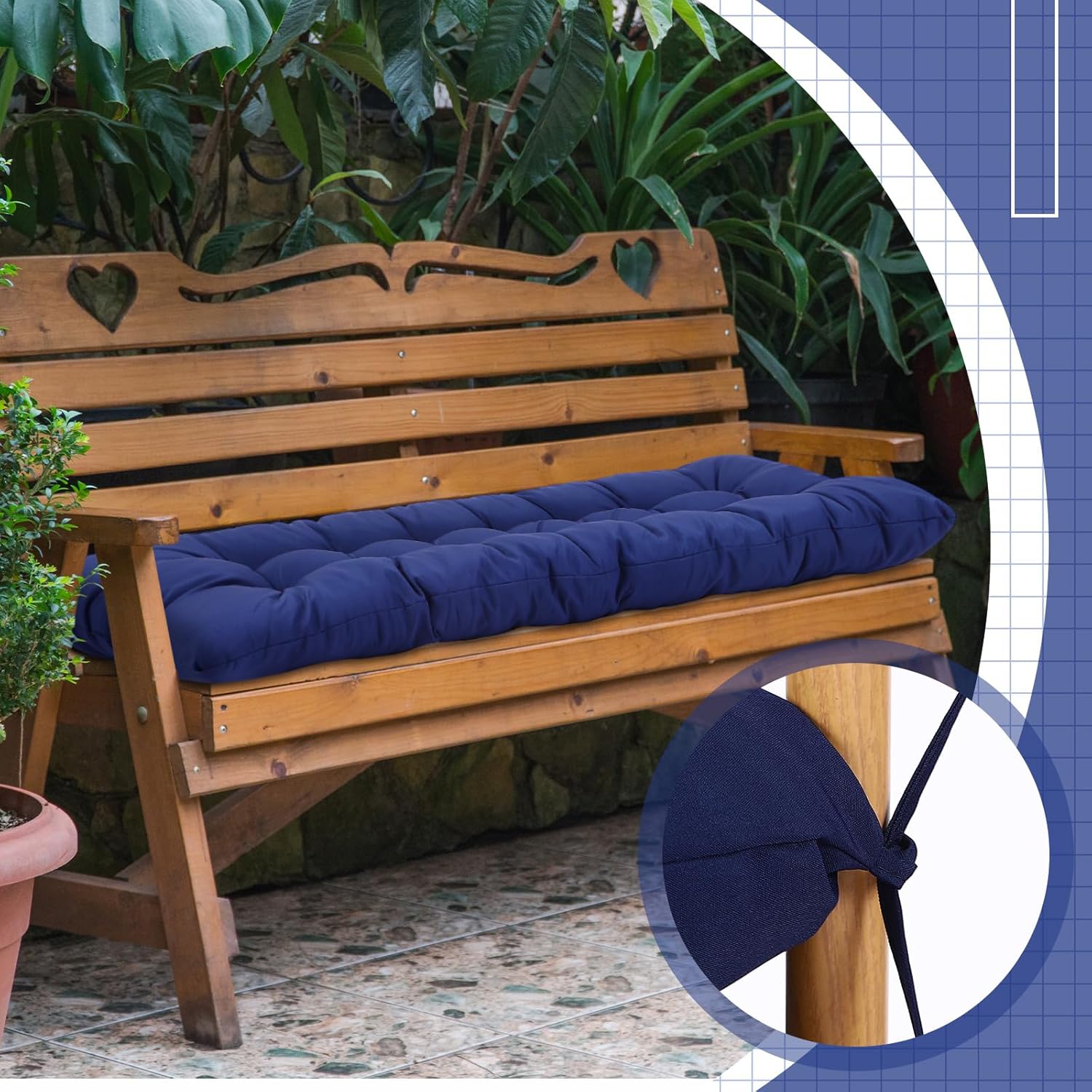 Wenqik Outdoor Bench Cushion 59 x 18 x 5 Inches Waterproof Outdoor Porch Swing Cushion Soft Thicken Chaise Lounge Pad with Ties for Indoor Garden Patio Seat(Navy Blue,Grid Pattern)