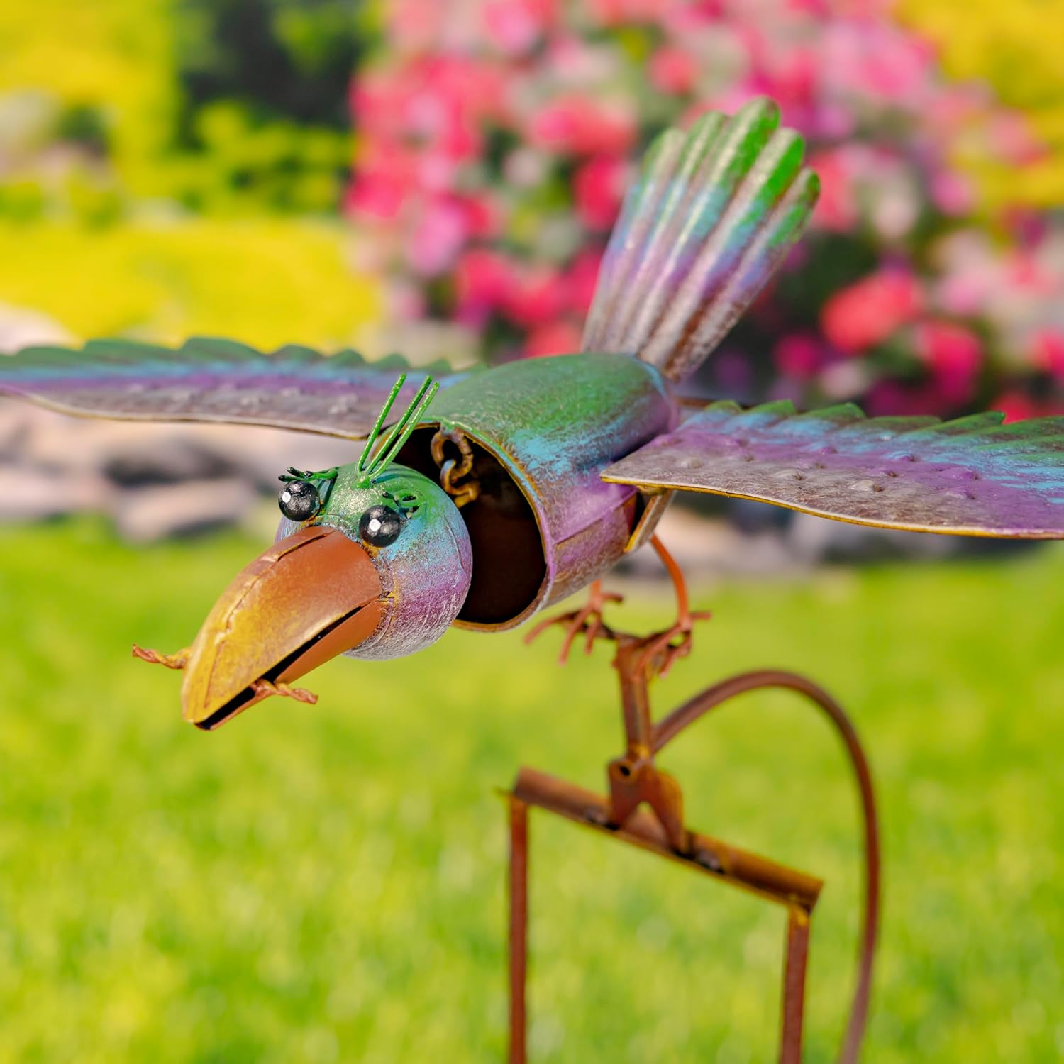 Zaer Ltd. Metal Rocking Bird Garden Stakes, 53 Inch Tall, Colorful Hand-Painted Birds, Spring Motion (Orange & Yellow Bird)