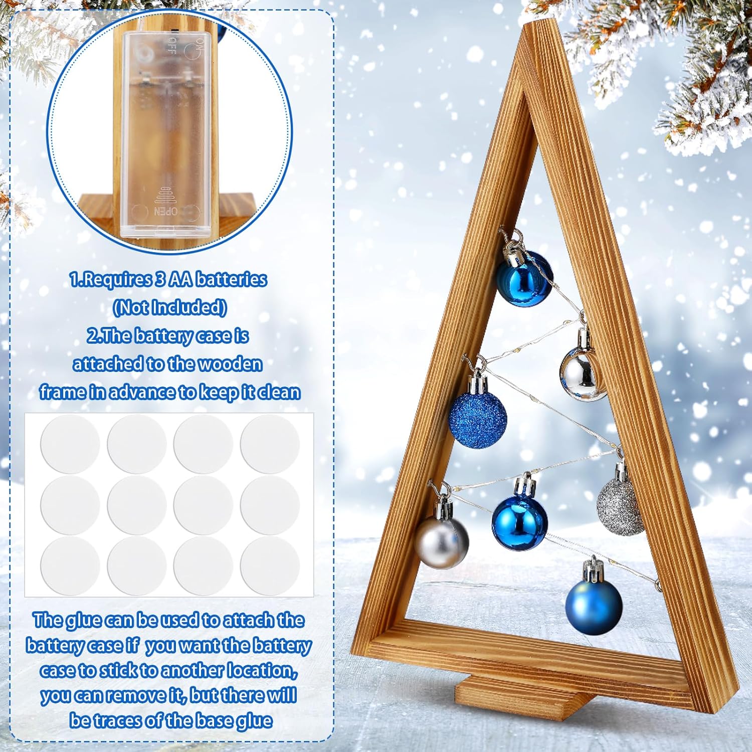 Hungdao 2 Pack Wooden Christmas Tabletop Tree with Lights and Balls Modern Farmhouse Christmas Table Centerpiece Decor for Winter Fireplace Mantle Shelf Home Decor(Blue, Silver)