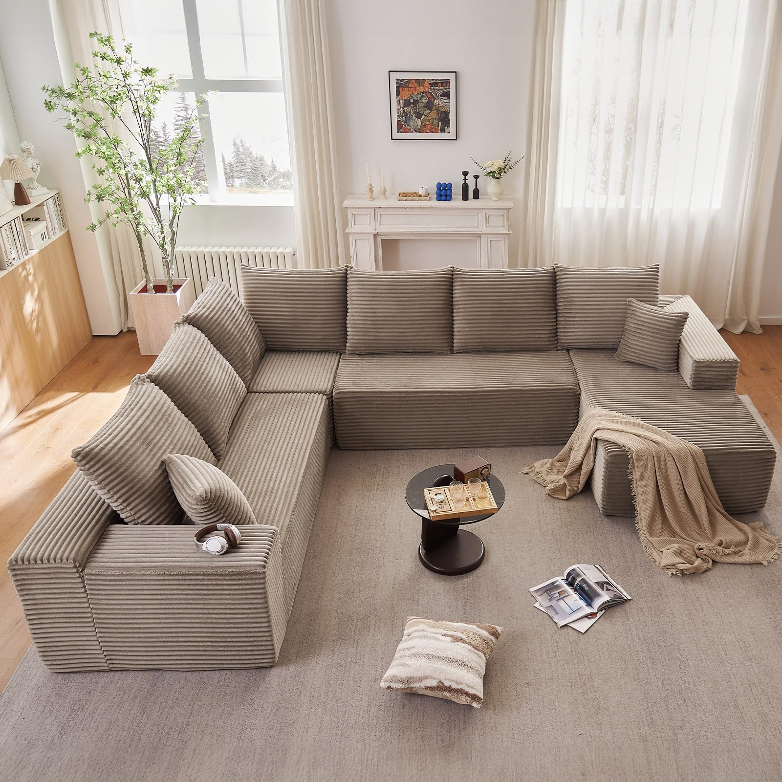 Oversized Modular Sectional Sofa Couch, Large 6 Seater Corner Sofa Modern U Shaped Sectional Couch Cloud Couches for Living Room, Office, Spacious Space, Corduroy, No Assembly Required, Camel
