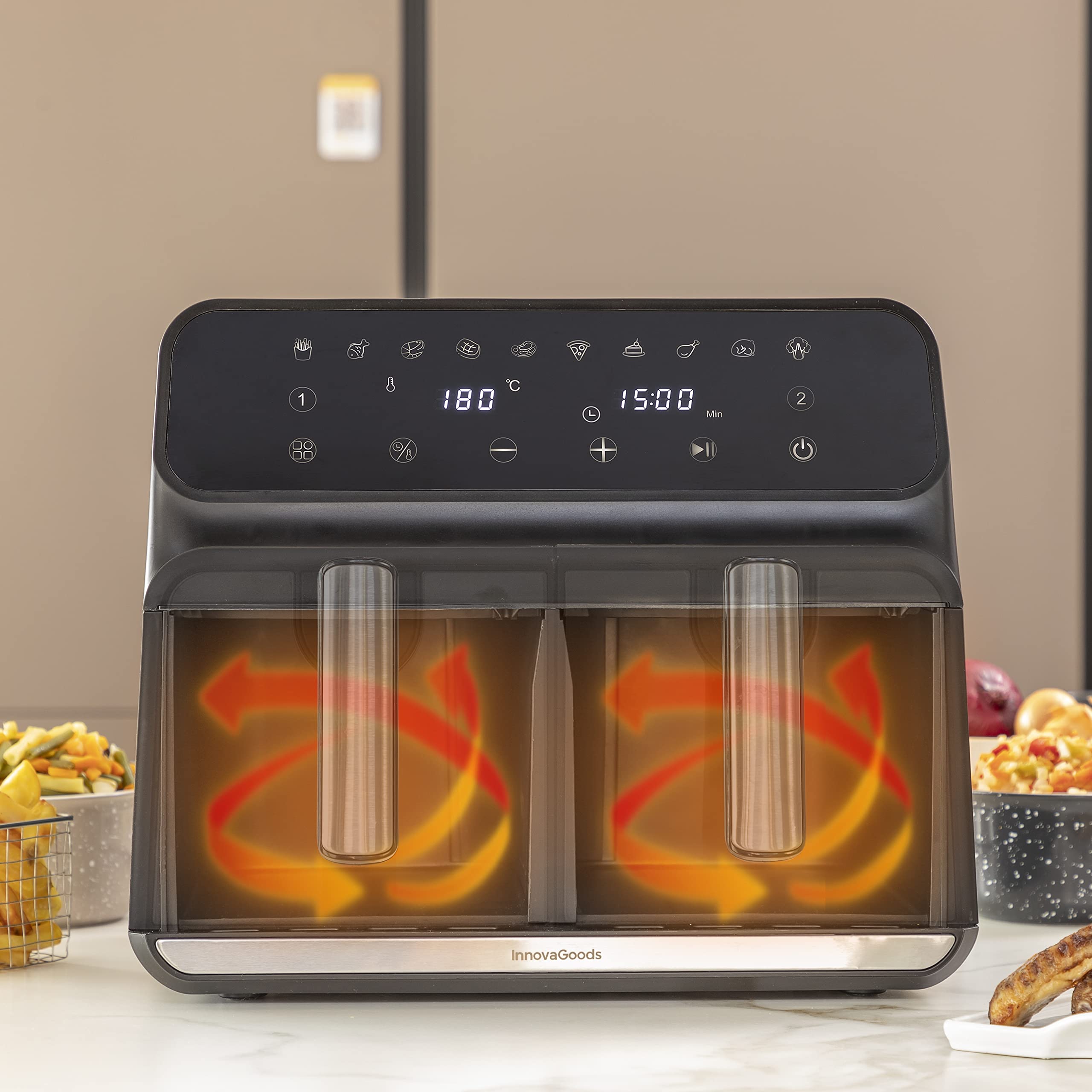 InnovaGoods® Freidora sin Aceite 8L, air fryer 3400W, 100 recetas en ES, freidora aire con 10 programas, pantalla táctil, temporizador y flujo de aire 360° airfryer 2 zonas de cocción independientes